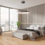 Modern hotel bedroom interior with bed, bench and armchair near panoramic window