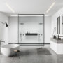 Light bathroom interior with sink, douche and bathtub near panoramic window