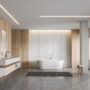 White tile and wooden bathroom, tub and sink