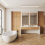 White and wooden bathroom interior with double sink and tub