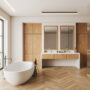 White and wooden bathroom interior with double sink and tub