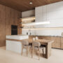 Stylish home kitchen interior with bar island and seats, cabinet and kitchenware