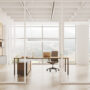 Modern office interior with work desk and laptop, drawer with panoramic window