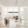 Modern office interior with work desk and laptop, drawer with panoramic window