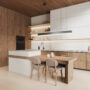 Stylish home kitchen interior with bar island and seats, cabinet and kitchenware