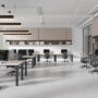 Office business interior with coworking space and shelf with panoramic window