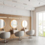 White beauty salon with chairs in row and round mirror, panoramic window