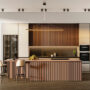Modern elegant kitchen interior with color kitchen cabinets, whi